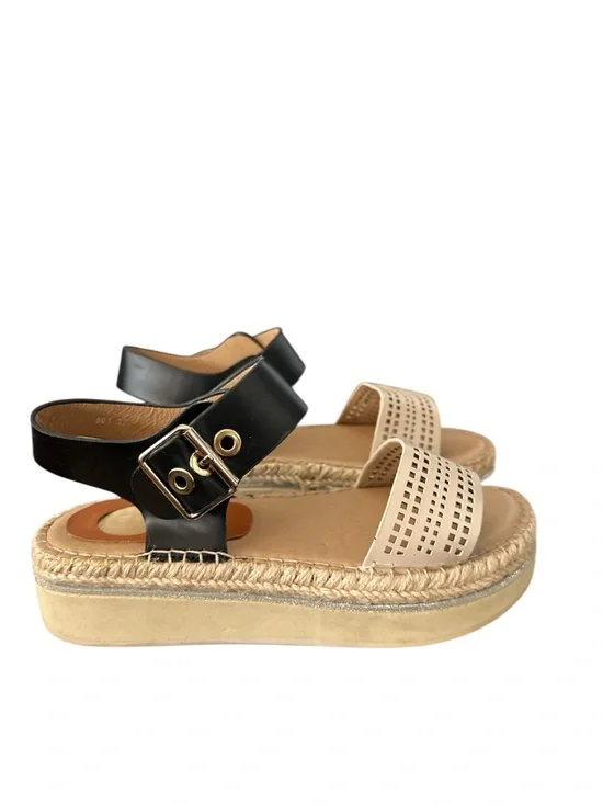 Laura Biagiotti Platform Size 37 Beige & Black Leather Straps Gold Sandals - Picture 2 of 6